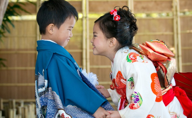 A twin in Japanese Kimono, Shichi Go San, Children in Kimono,