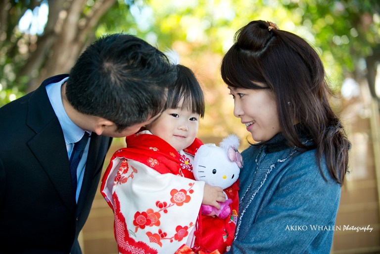 boy and girl in kimonos in Japanese Room, celebrating Shichi Go San,