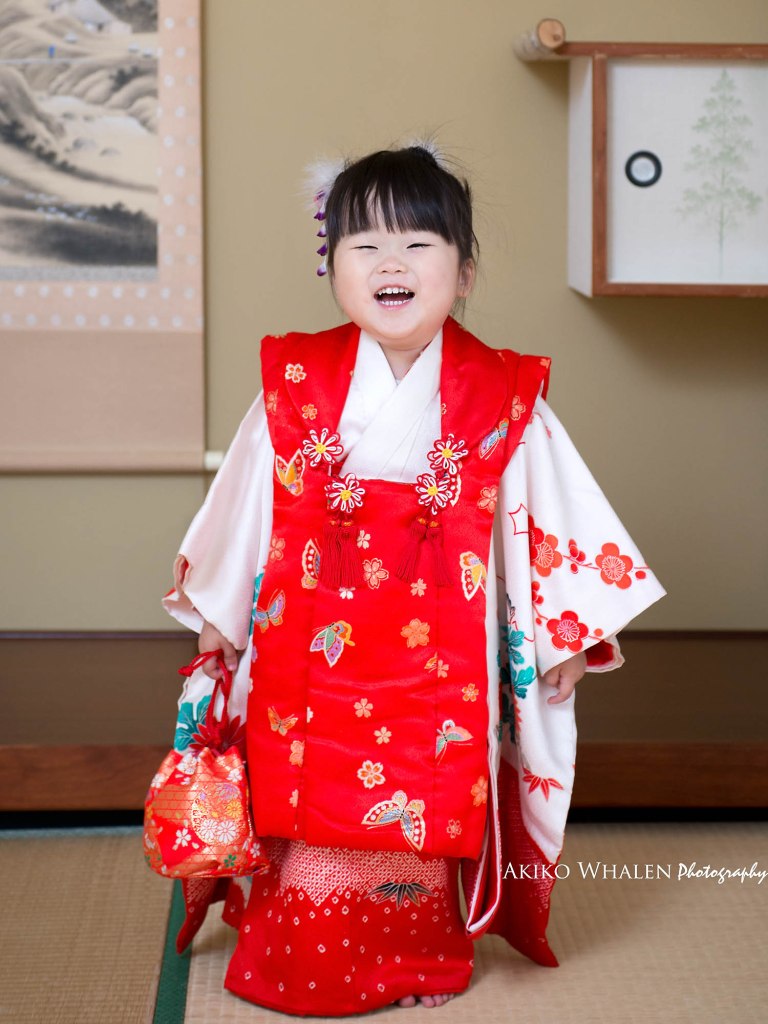 boy and girl in kimonos in Japanese Room, celebrating Shichi Go San,