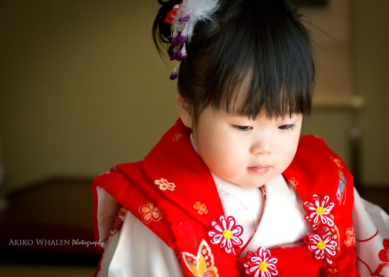 boy and girl in kimonos in Japanese Room, celebrating Shichi Go San,