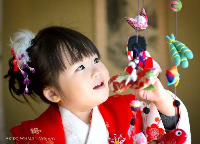 boy and girl in kimonos in Japanese Room, celebrating Shichi Go San,