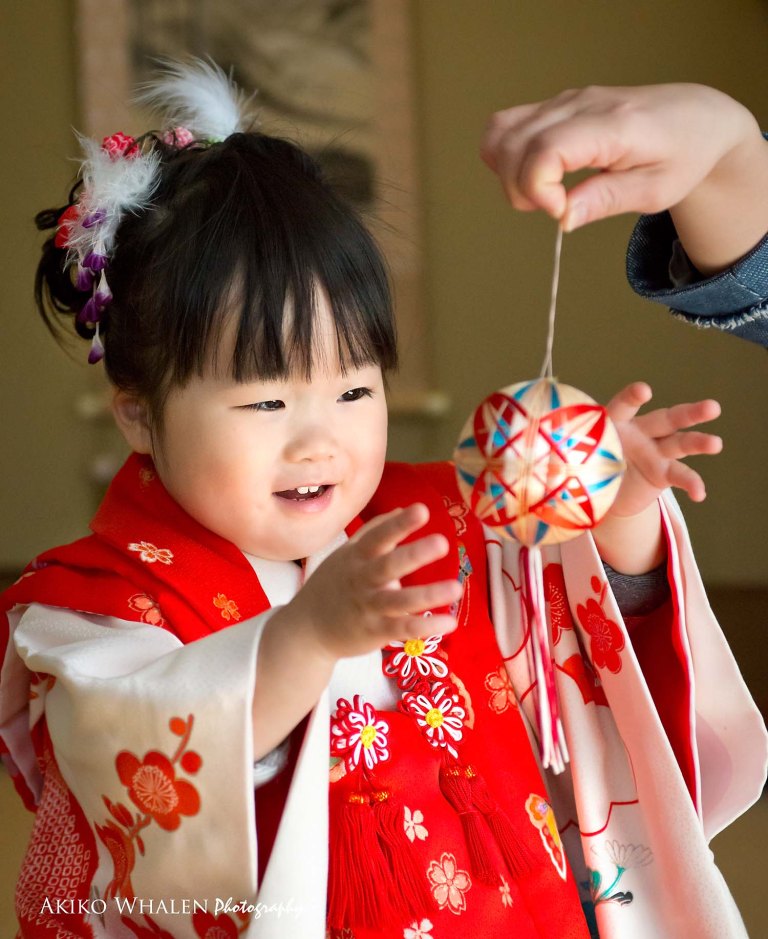 boy and girl in kimonos in Japanese Room, celebrating Shichi Go San,