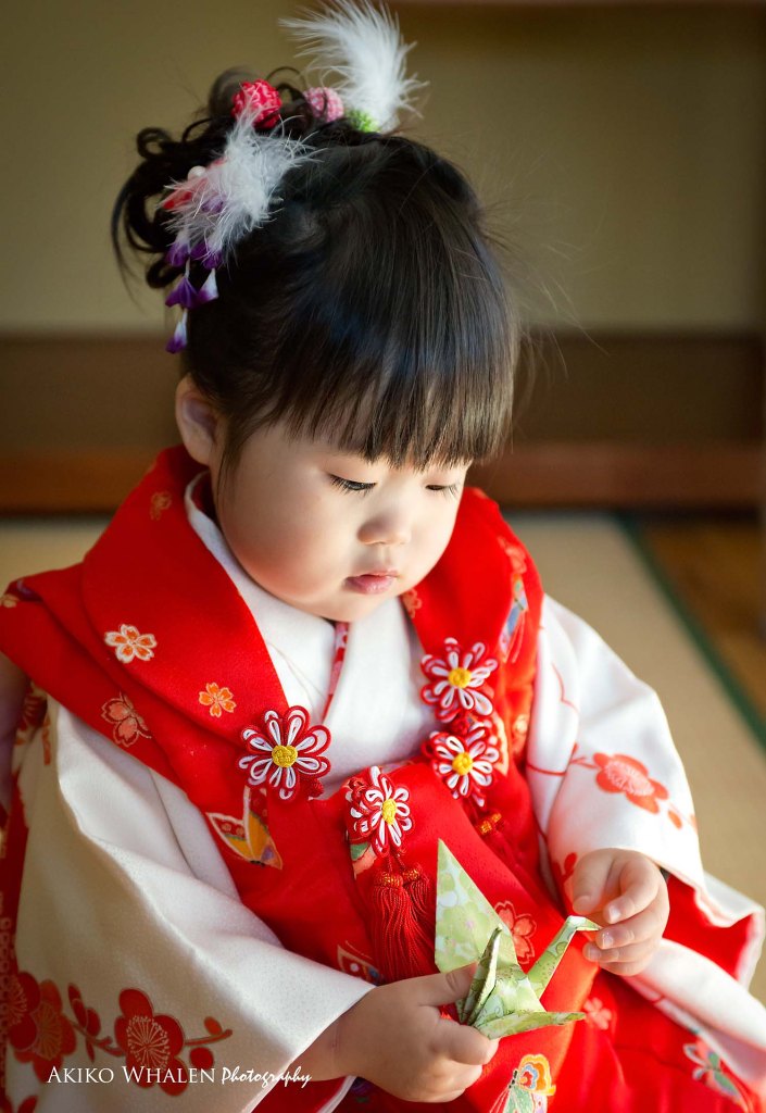 boy and girl in kimonos in Japanese Room, celebrating Shichi Go San,