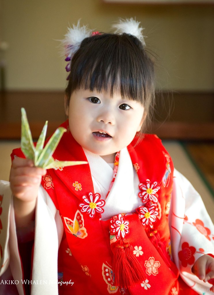 boy and girl in kimonos in Japanese Room, celebrating Shichi Go San,